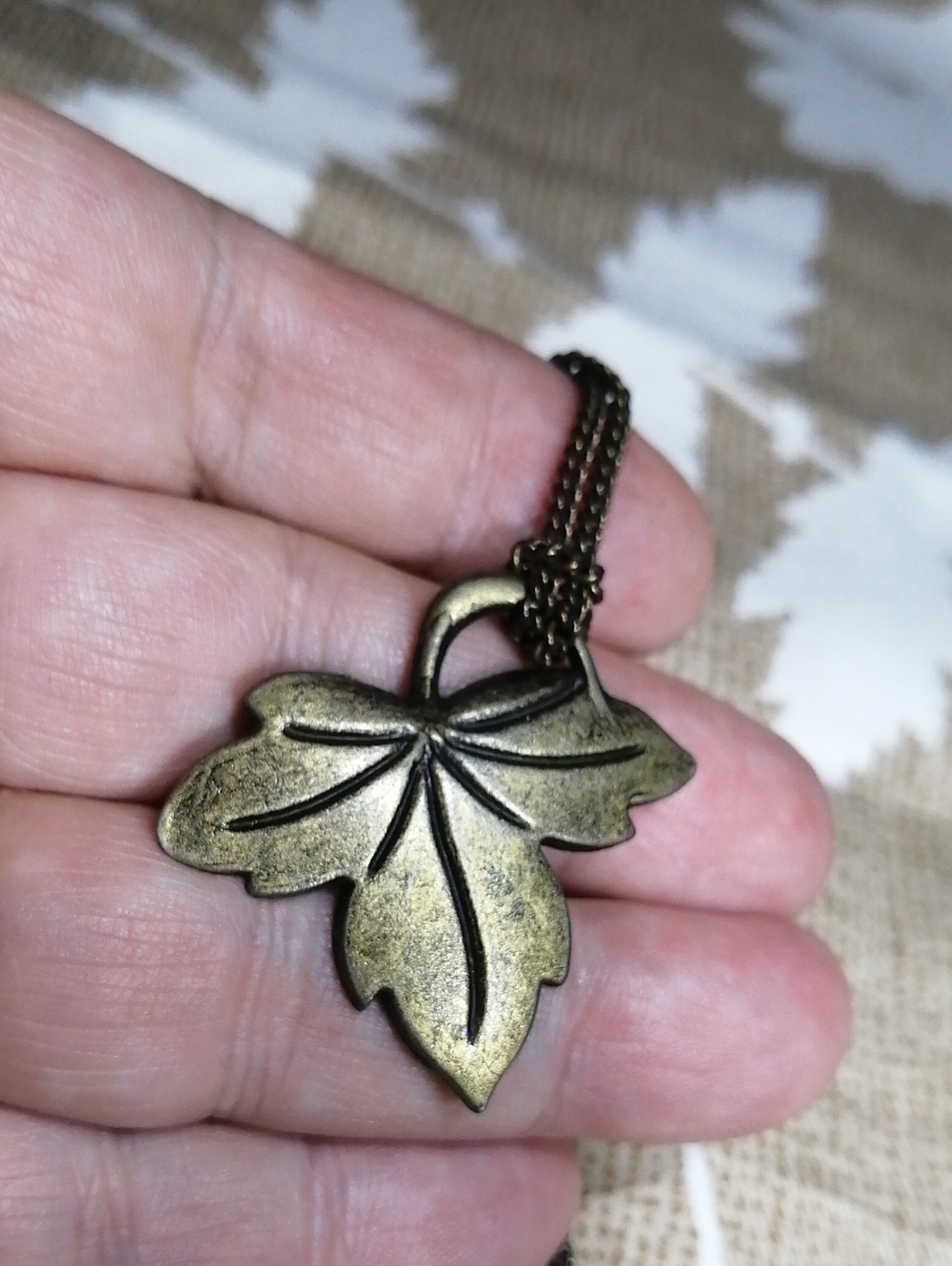 Vintage Brass Leaf Pendant Necklace 31" Long, Men's Women's